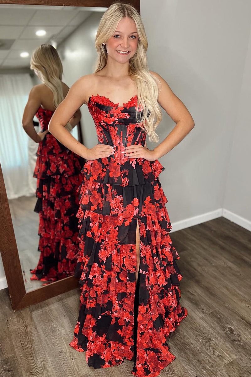 Load image into Gallery viewer, Floral Black Red A Line Tiered Strapless Long Corset Prom Dress with Slit