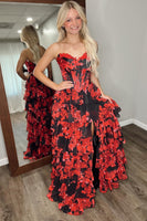 Load image into Gallery viewer, Floral Black Red A Line Tiered Strapless Long Corset Prom Dress with Slit