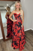 Load image into Gallery viewer, Floral Black Red A Line Tiered Strapless Long Corset Prom Dress with Slit