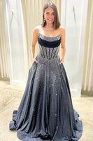 Load image into Gallery viewer, Sparkly Black A Line Strapless Long Corset Prom Dress with Beading