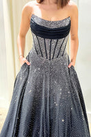 Load image into Gallery viewer, Sparkly Black A Line Strapless Long Corset Prom Dress with Beading