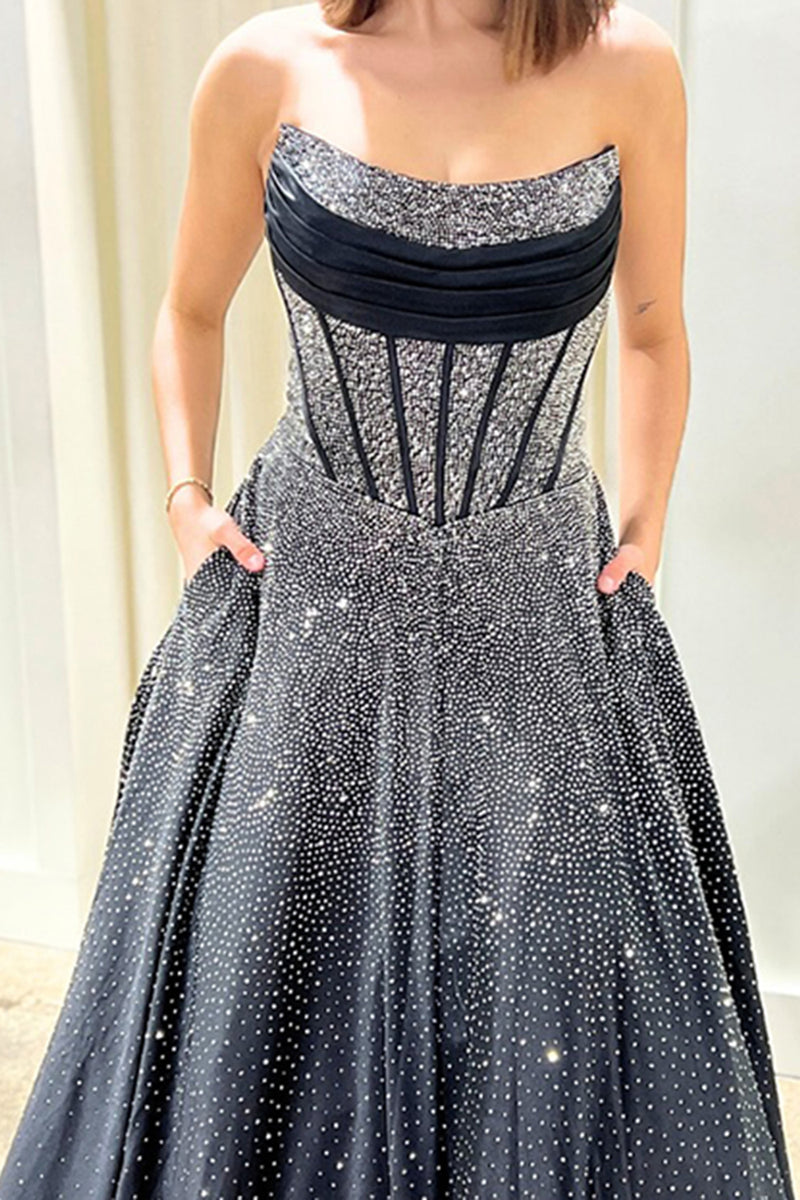 Load image into Gallery viewer, Sparkly Black A Line Strapless Long Corset Prom Dress with Beading