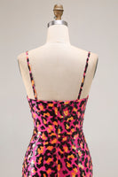 Load image into Gallery viewer, Sparkly Fuchsia Leopard Mermaid Spaghetti Straps Long Prom Dress with Slit