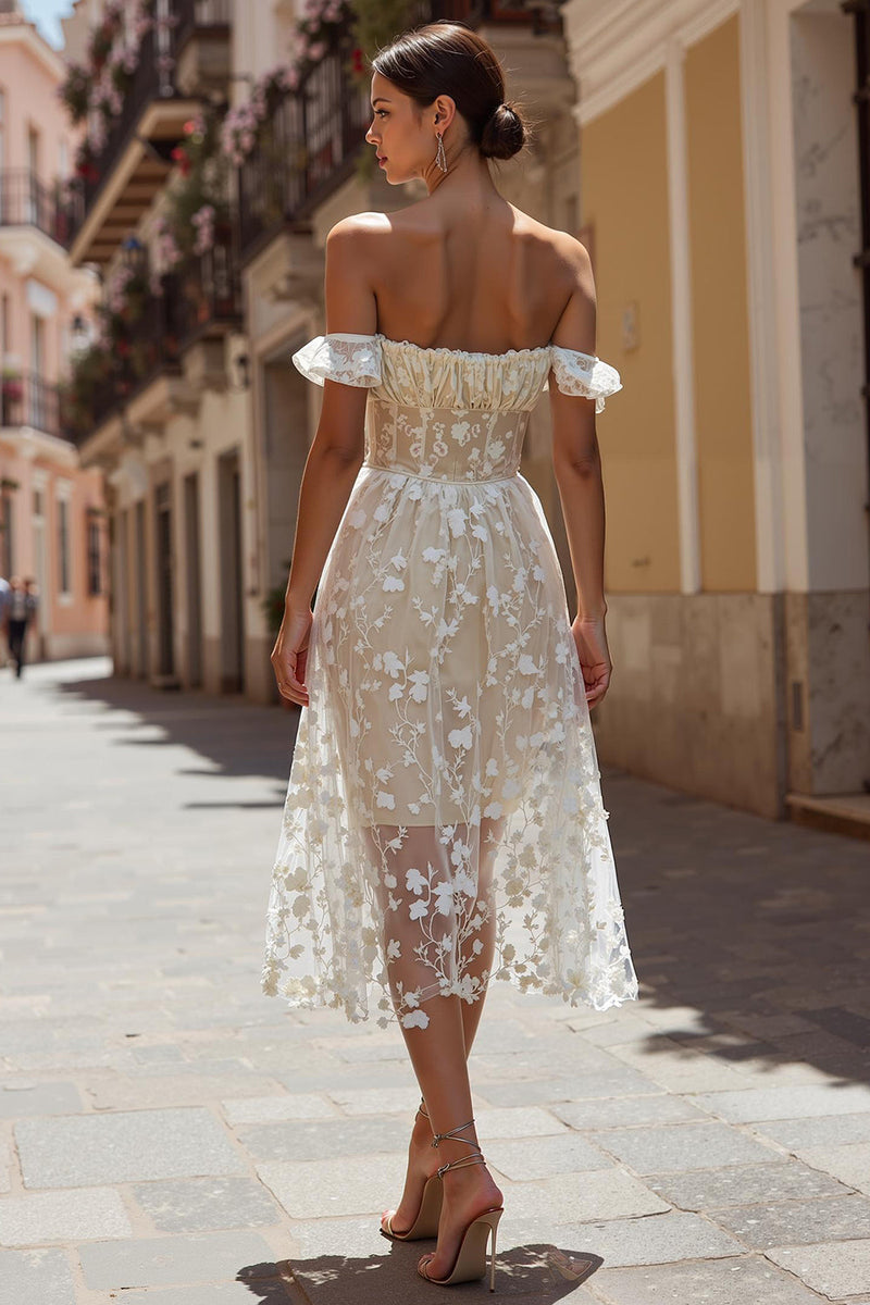 Queendancer Women Floral Ivory Midi Wedding Reception Dress Off the Shoulder A Line Engagement Dress – queendancer