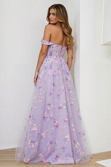 Floral Lilac A Line Embroidered Long Corset Prom Dress with Slit