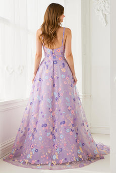 Floral Lilac A Line Tulle Embroidered V-Neck Long Prom Dress