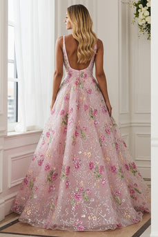 Sparkly Floral Pink A Line V-Neck Long Prom Dress with Embroidery