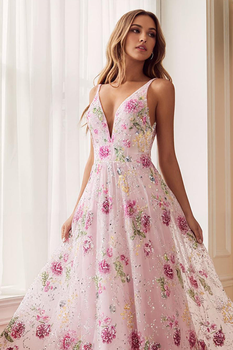 Load image into Gallery viewer, Sparkly Floral Pink A Line V-Neck Long Prom Dress with Embroidery