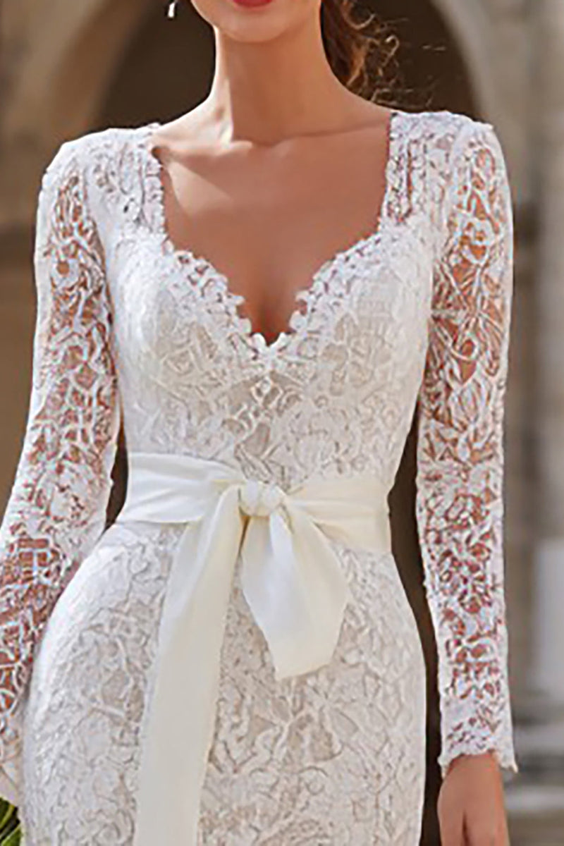 Load image into Gallery viewer, Ivory Lace Bodycon Backless Midi Wedding Dress with Sleeves