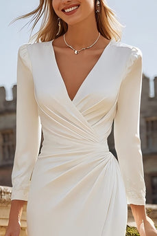 Ivory Satin Bodycon V-Neck Ruched Midi Engagement Dress with Slit