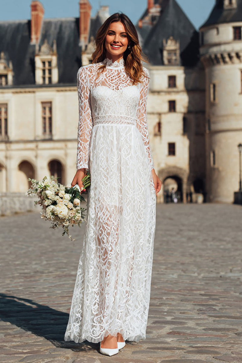 Load image into Gallery viewer, Ivory Boho High Neck Sheath Lace Long Wedding Dress with Sleeves
