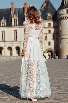Ivory Boho High Neck Sheath Lace Long Wedding Dress with Sleeves