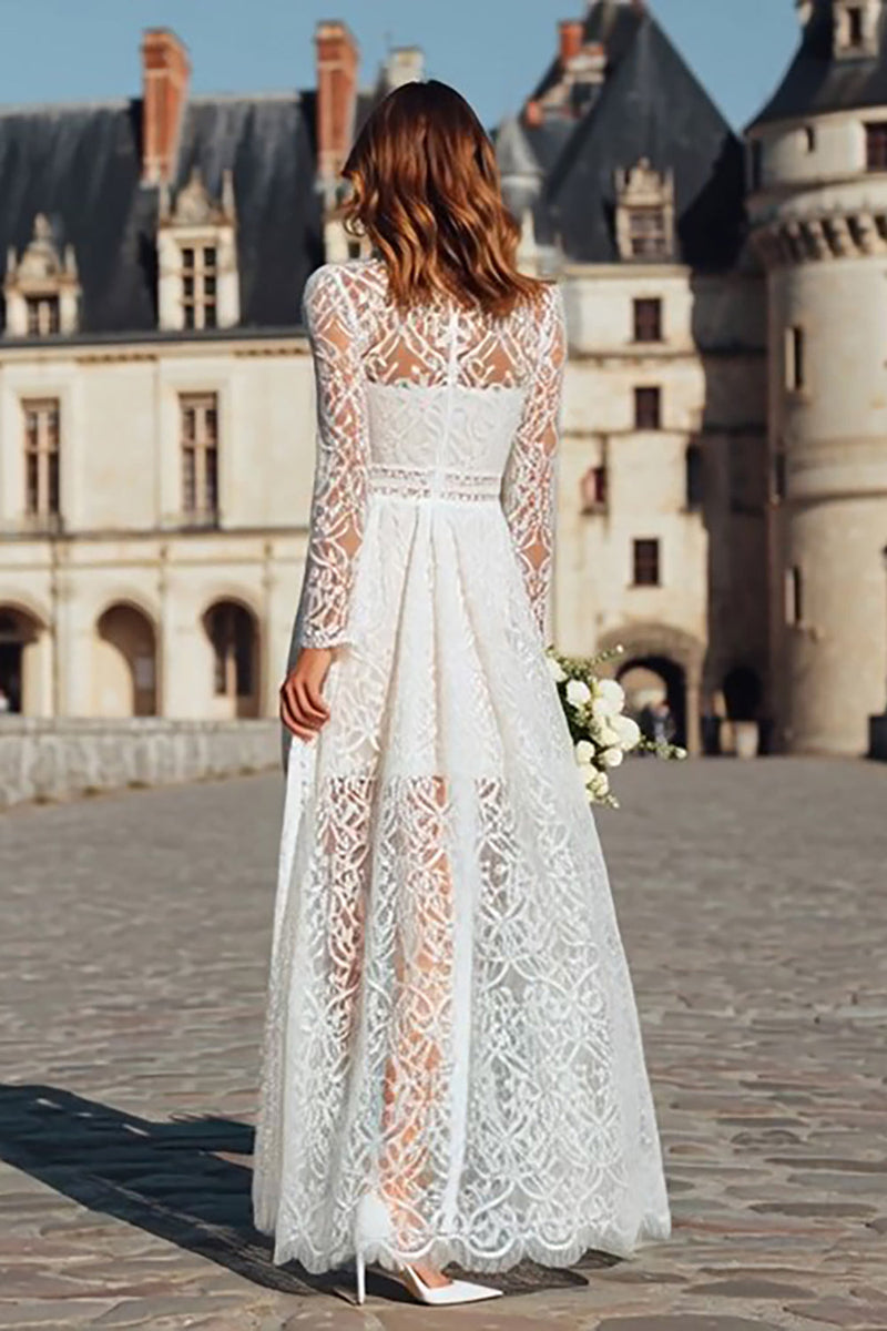 Load image into Gallery viewer, Ivory Boho High Neck Sheath Lace Long Wedding Dress with Sleeves