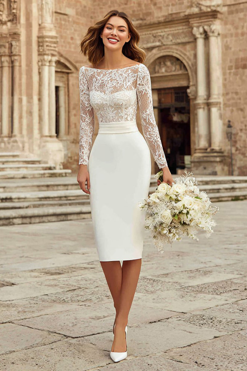 Load image into Gallery viewer, Ivory Bodycon Bateau Neck Lace Midi Wedding Dress with Sleeves