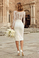 Load image into Gallery viewer, Ivory Bodycon Bateau Neck Lace Midi Wedding Dress with Sleeves