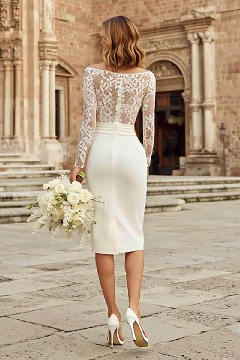 Load image into Gallery viewer, Ivory Bodycon Bateau Neck Lace Midi Wedding Dress with Sleeves