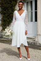 Load image into Gallery viewer, Ivory A Line V-Neck Pleated Midi Engagement Dress with Lace
