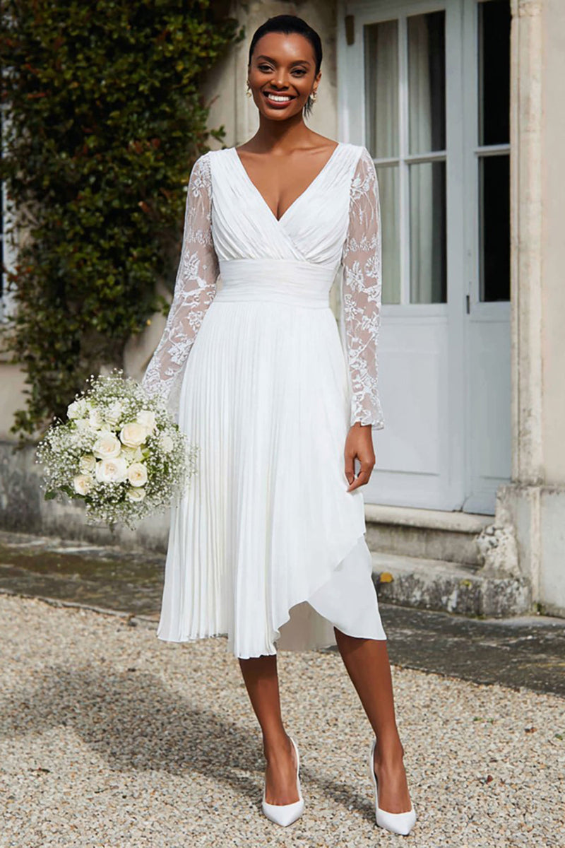 Load image into Gallery viewer, Ivory A Line V-Neck Pleated Midi Engagement Dress with Lace