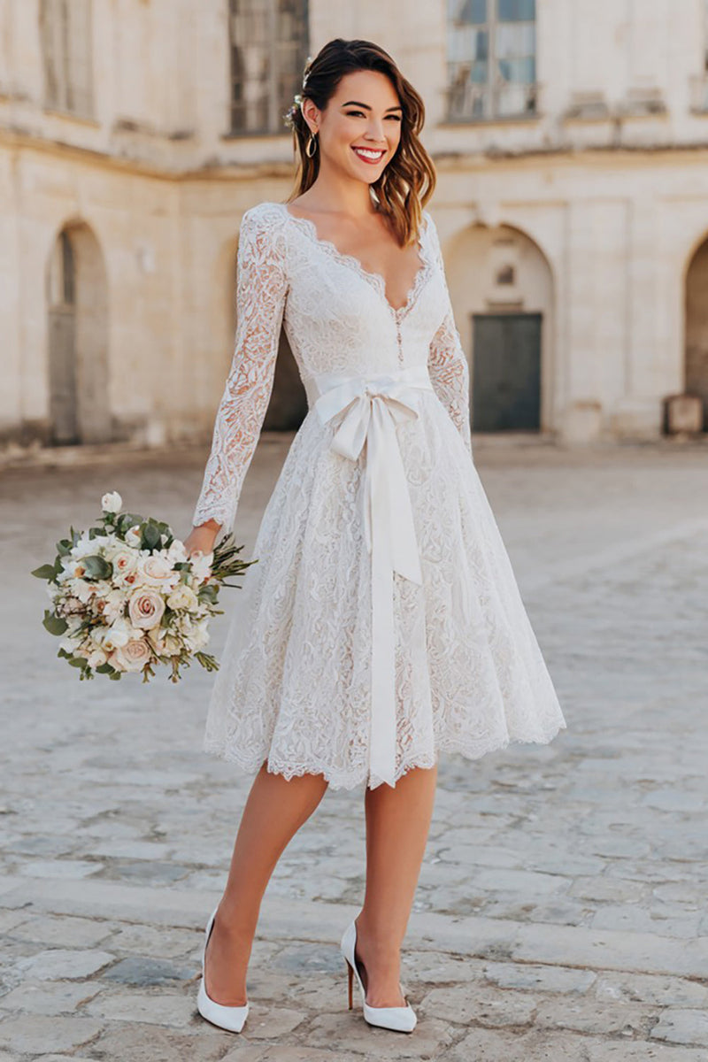 Load image into Gallery viewer, Ivory Boho Lace A Line V-Neck Midi Wedding Dress with Sleeves