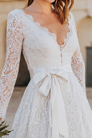 Load image into Gallery viewer, Ivory Boho Lace A Line V-Neck Midi Wedding Dress with Sleeves