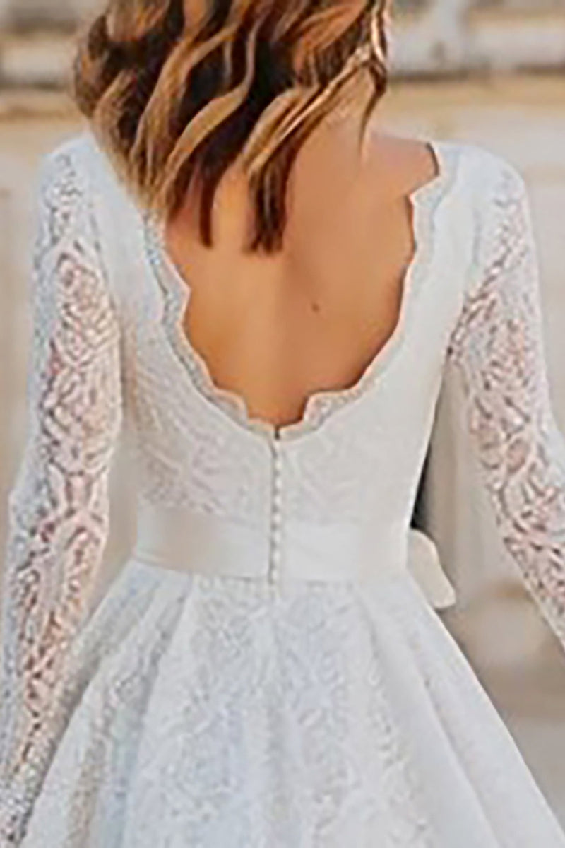 Load image into Gallery viewer, Ivory Boho Lace A Line V-Neck Midi Wedding Dress with Sleeves