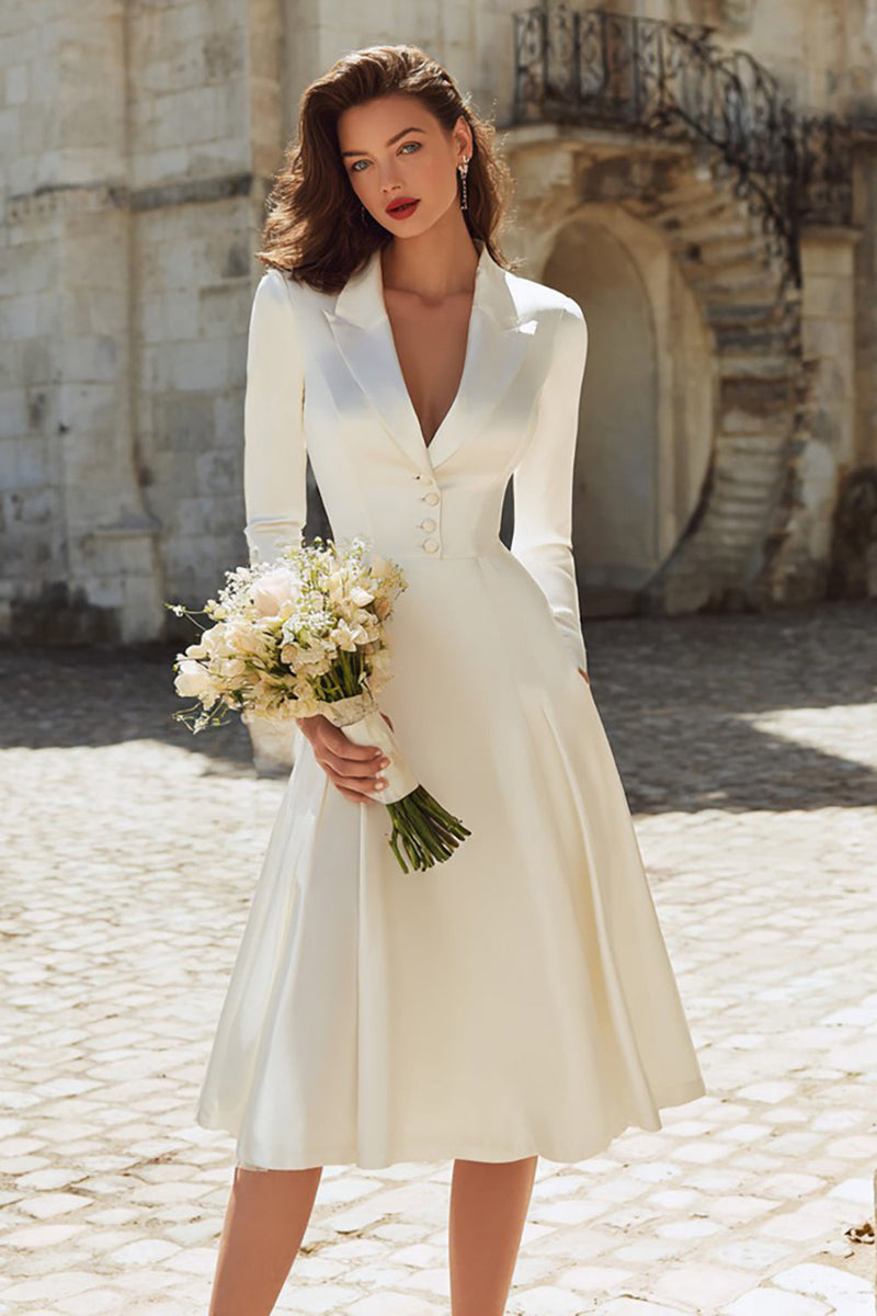 Queendancer Ivory Satin Midi Engagement Blazer Dress with Sleeves Peak  Lapel A Line Bridal Dress with Buttons – queendancer