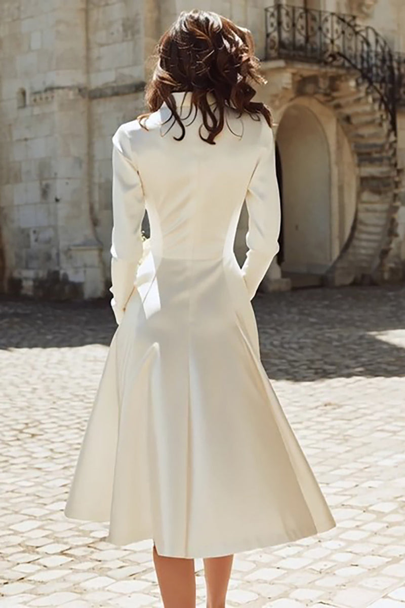 midi length blazer dress Queendancer Ivory Satin Midi Engagement Blazer Dress with Sleeves Peak  Lapel A Line Bridal Dress with Buttons – queendancer