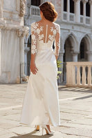 Load image into Gallery viewer, Ivory Sheath Satin Lace Appliqued Long Wedding Dress with Slit