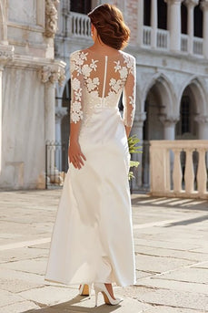 Ivory Sheath Satin Lace Appliqued Long Wedding Dress with Slit