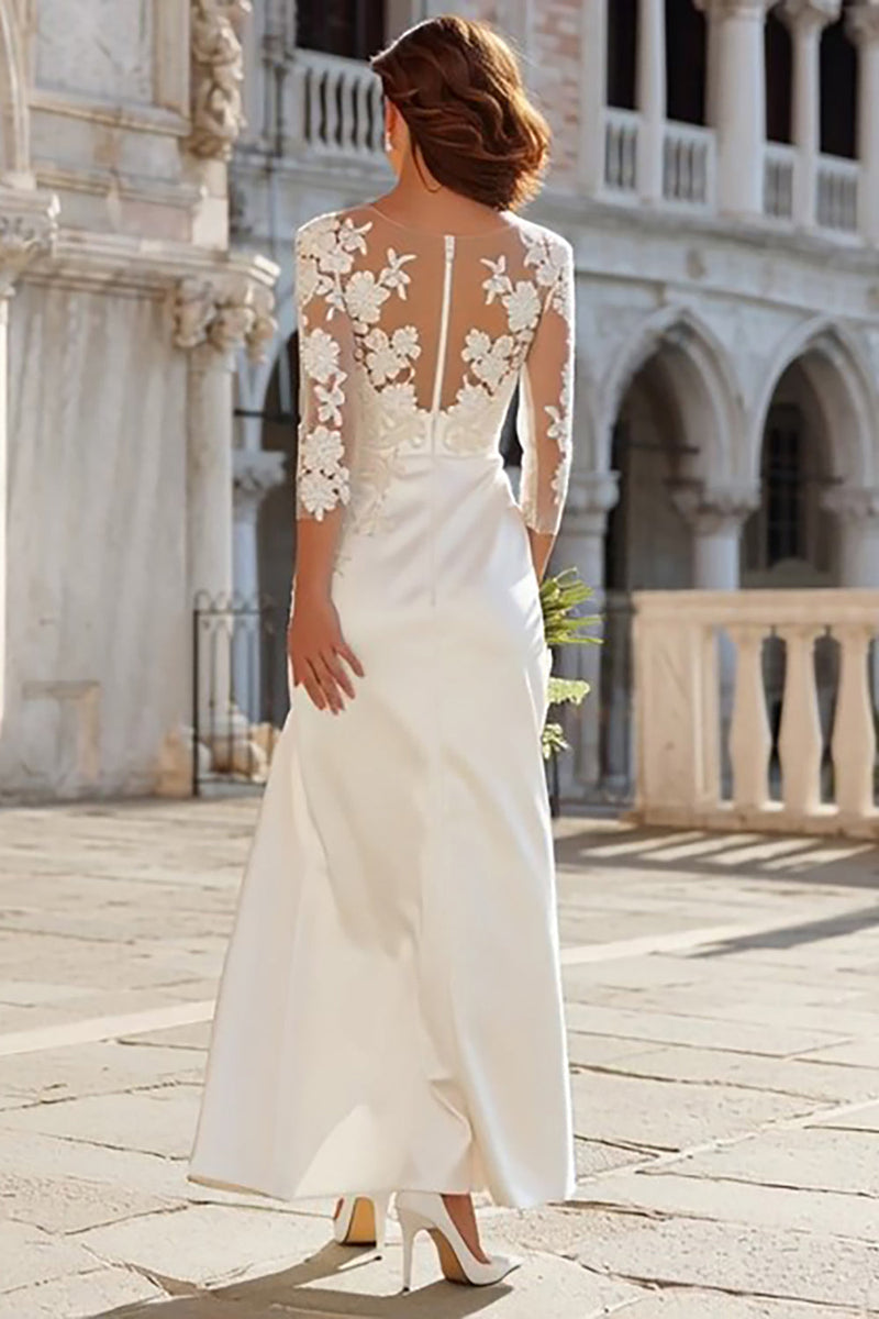 Load image into Gallery viewer, Ivory Sheath Satin Lace Appliqued Long Wedding Dress with Slit