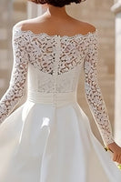 Load image into Gallery viewer, Ivory Boho A Line Satin Off the Shoulder High Low Wedding Dress with Lace