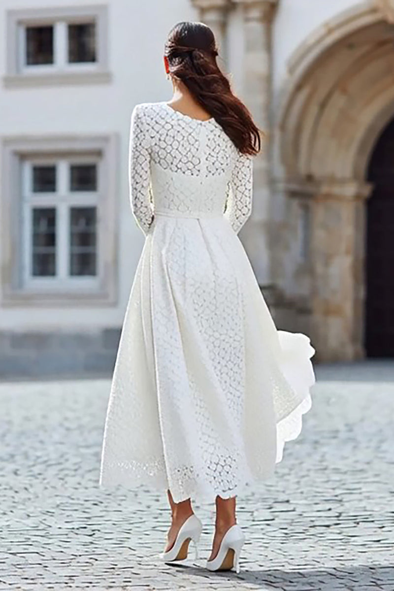 Load image into Gallery viewer, Ivory Lace A Line Bateau Neck Long Sleeves Engagement Dress