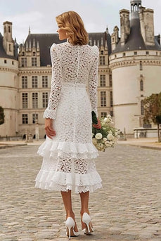 Ivory Lace High Neck Mermaid Ruffled Midi Engagement Dress with Sleeves