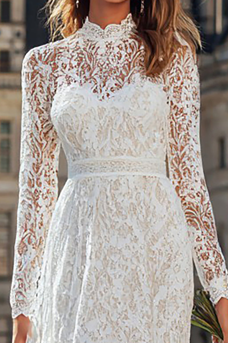 Load image into Gallery viewer, Ivory Lace High Neck A Line Long Sleeves Wedding Dress