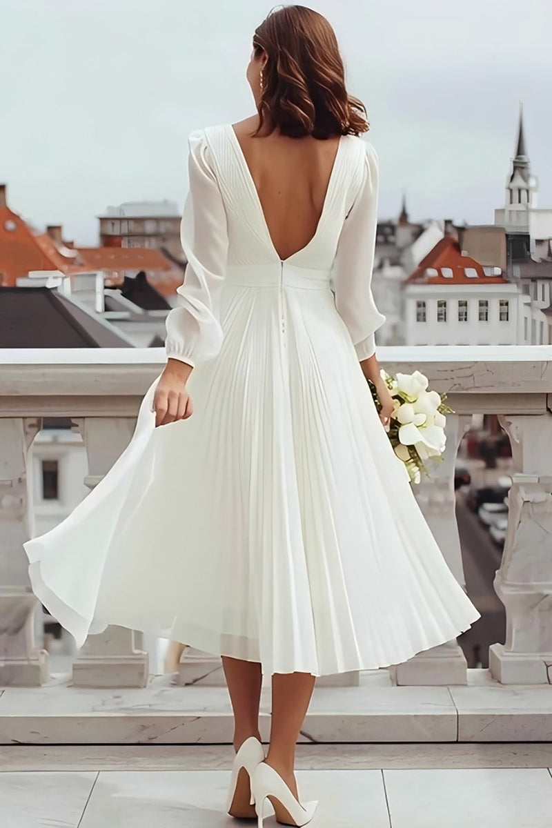 Queendancer Women Ivory Chiffon Midi Engagement Dress with Slit Pleated  V-Neck A Line Rehearsal Dinner Dress with Sleeves – queendancer