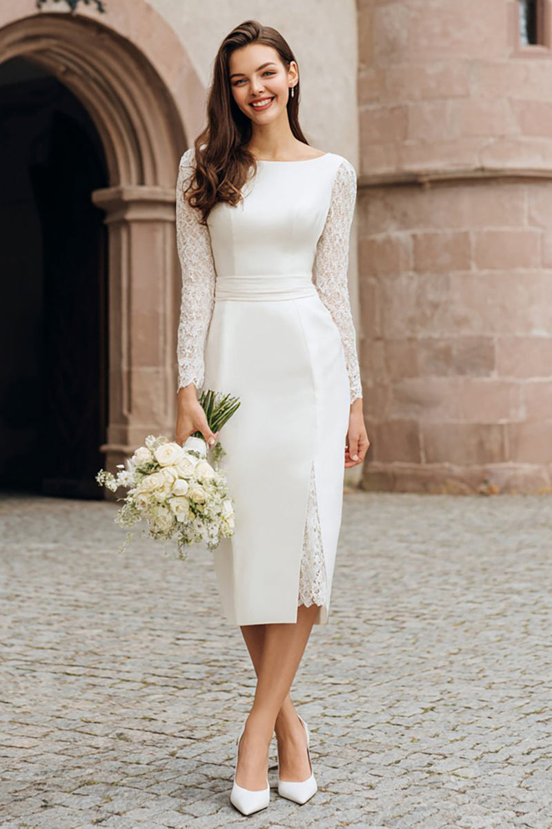 Queendancer Women Ivory Midi Wedding Reception Dress with Lace Satin Boat Neck Bodycon Bridal Dress with Sleeves – queendancer