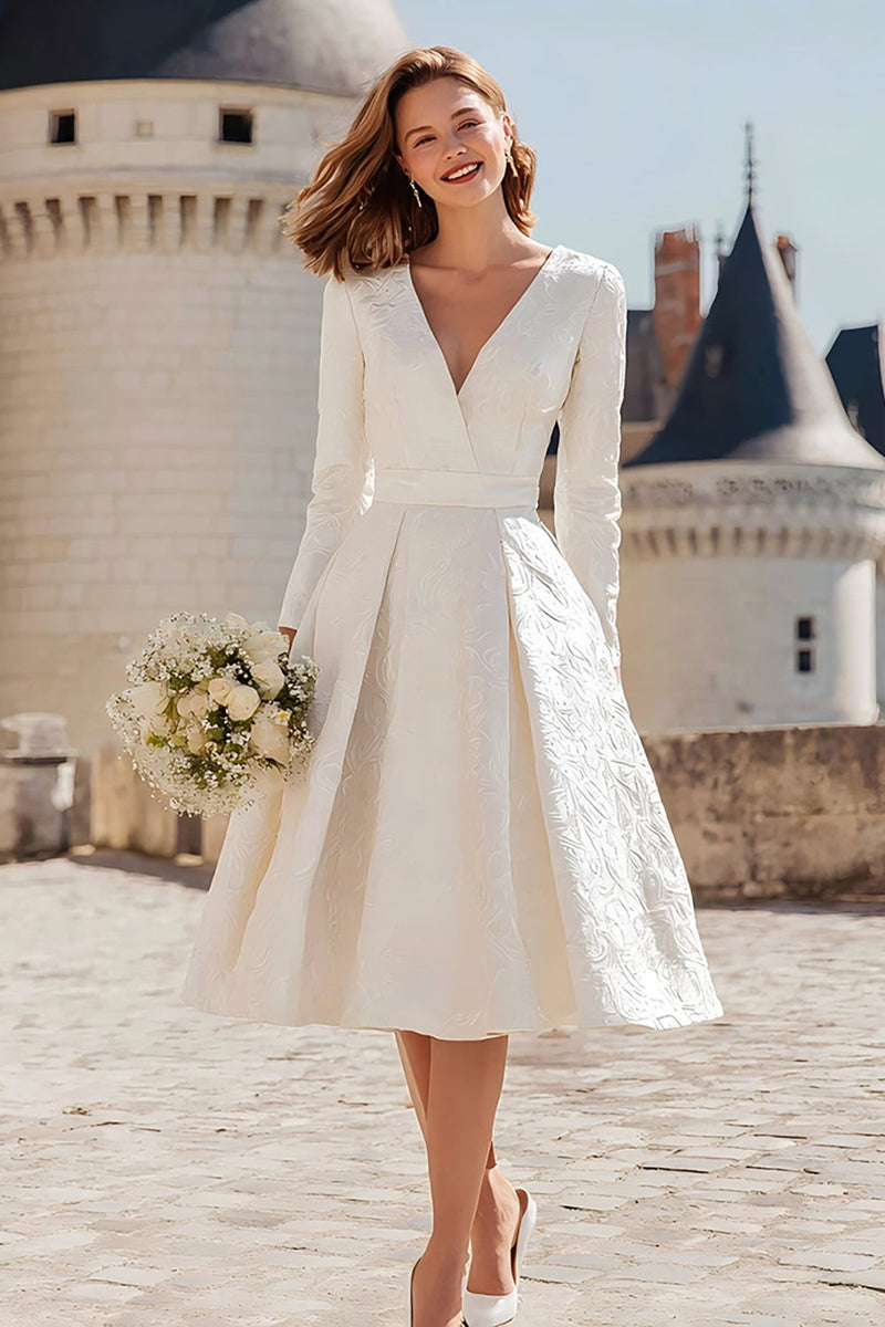 white midi dress for rehearsal dinner Queendancer Women Simple Ivory Midi Engagement Dress with Sleeves A Line V-Neck Rehearsal Dinner Dress – queendancer