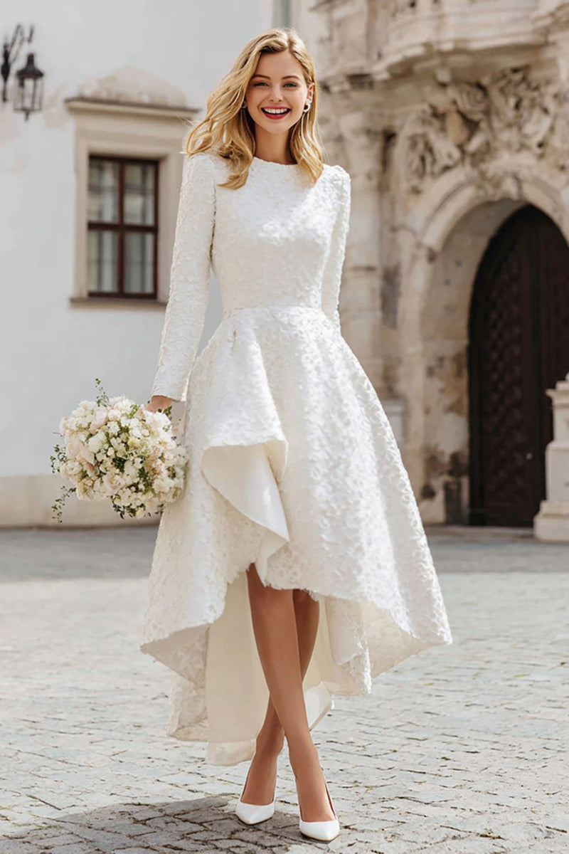 Load image into Gallery viewer, Ivory Round Neck A Line High-Low Engagement Dress with Sleeves