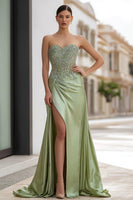 Load image into Gallery viewer, Sage Green Satin Strapless Appliqued Long Prom Dress with Slit