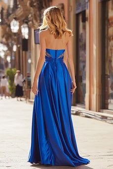Sparkly Royal Blue Satin Beaded Strapless Long Prom Dress with Slit