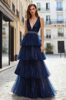 Load image into Gallery viewer, Sparkly Navy Tulle A Line Ruffled Long Prom Dress with Beading