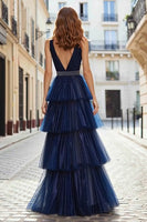 Load image into Gallery viewer, Sparkly Navy Tulle A Line Ruffled Long Prom Dress with Beading