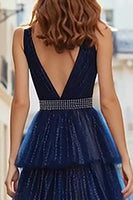Load image into Gallery viewer, Sparkly Navy Tulle A Line Ruffled Long Prom Dress with Beading
