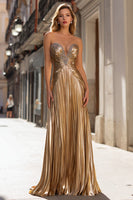 Load image into Gallery viewer, Sparkly Gold Metallic Sheath Pleated Long Prom Dress with Beading
