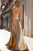 Load image into Gallery viewer, Sparkly Gold Metallic Sheath Pleated Long Prom Dress with Beading