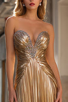 Load image into Gallery viewer, Sparkly Gold Metallic Sheath Pleated Long Prom Dress with Beading
