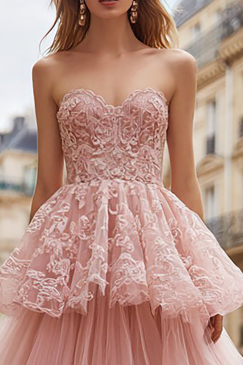 Load image into Gallery viewer, Pink Tulle Ruffled A Line Strapless Long Prom Dress with Lace