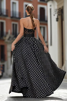 Black and White Polka Dots A Line Halter Long Corset Prom Dress with Lace