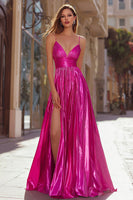 Load image into Gallery viewer, Sparkly Fuchsia Metallic Pleated Spaghetti Straps Long Prom Dress with Slit