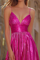 Load image into Gallery viewer, Sparkly Fuchsia Metallic Pleated Spaghetti Straps Long Prom Dress with Slit